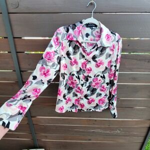 Kasper Petites Floral Satin Blouse Vibrant Career Work Pink button down Size 10p